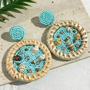 Anthropologie Beach Circle Seashell Rattan Earrings Brand New